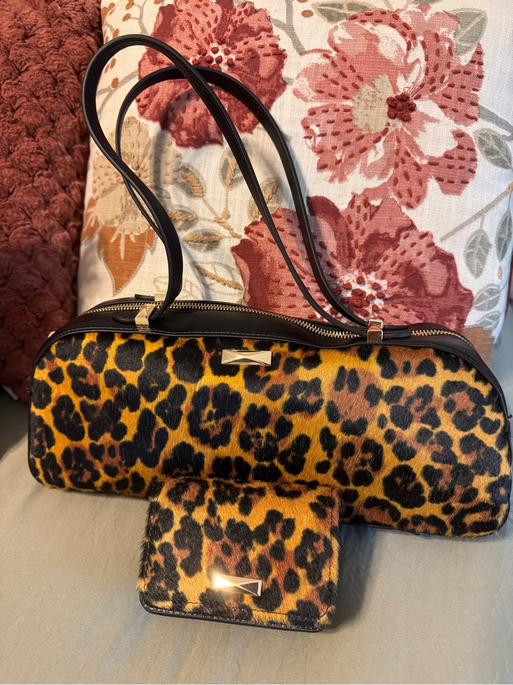Leopard Print Shoulder Bag with Matching Wallet - Brown/Black